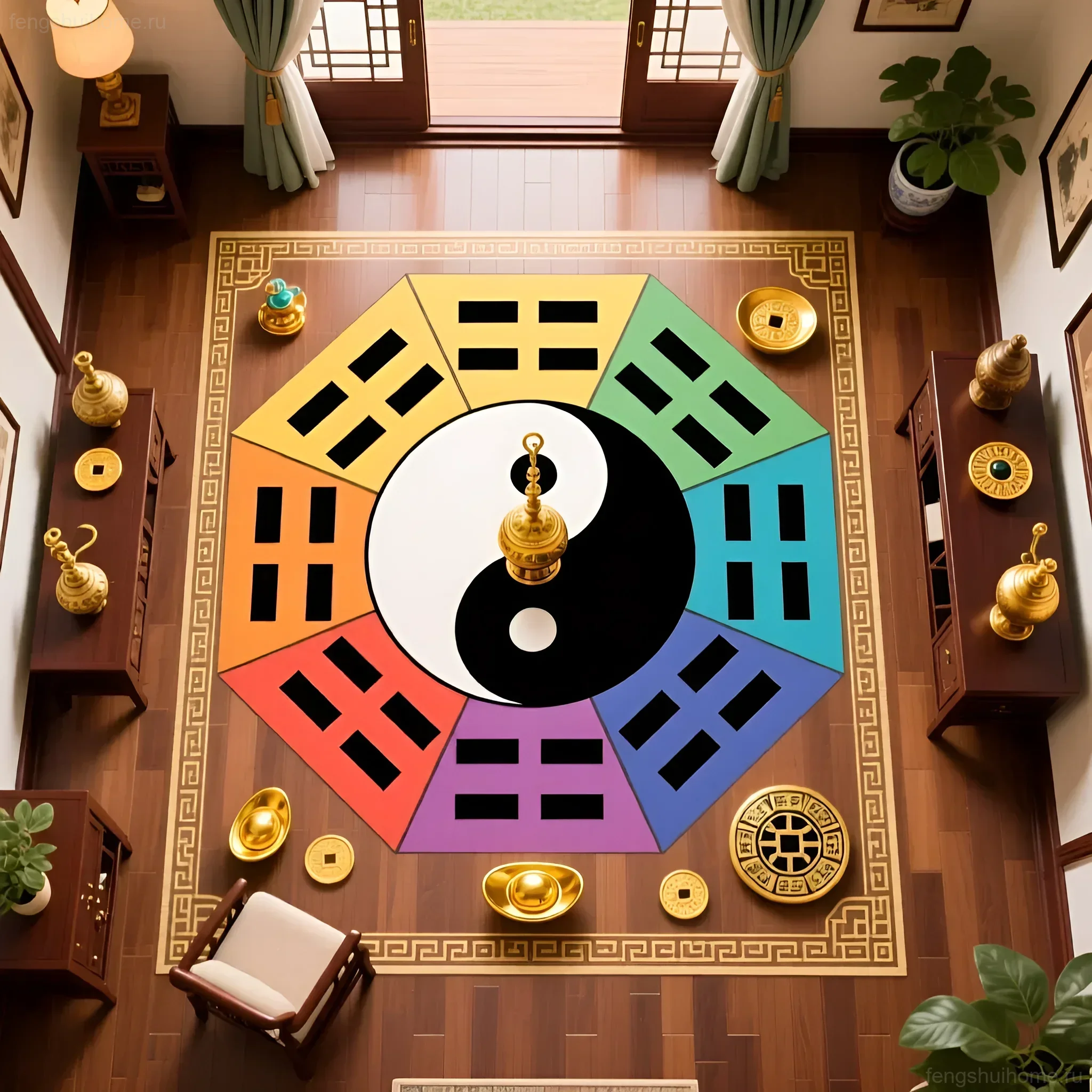 Схема Багуа, размещенная на полу комнаты, с расставленными по зонам талисманами фэн-шуй.