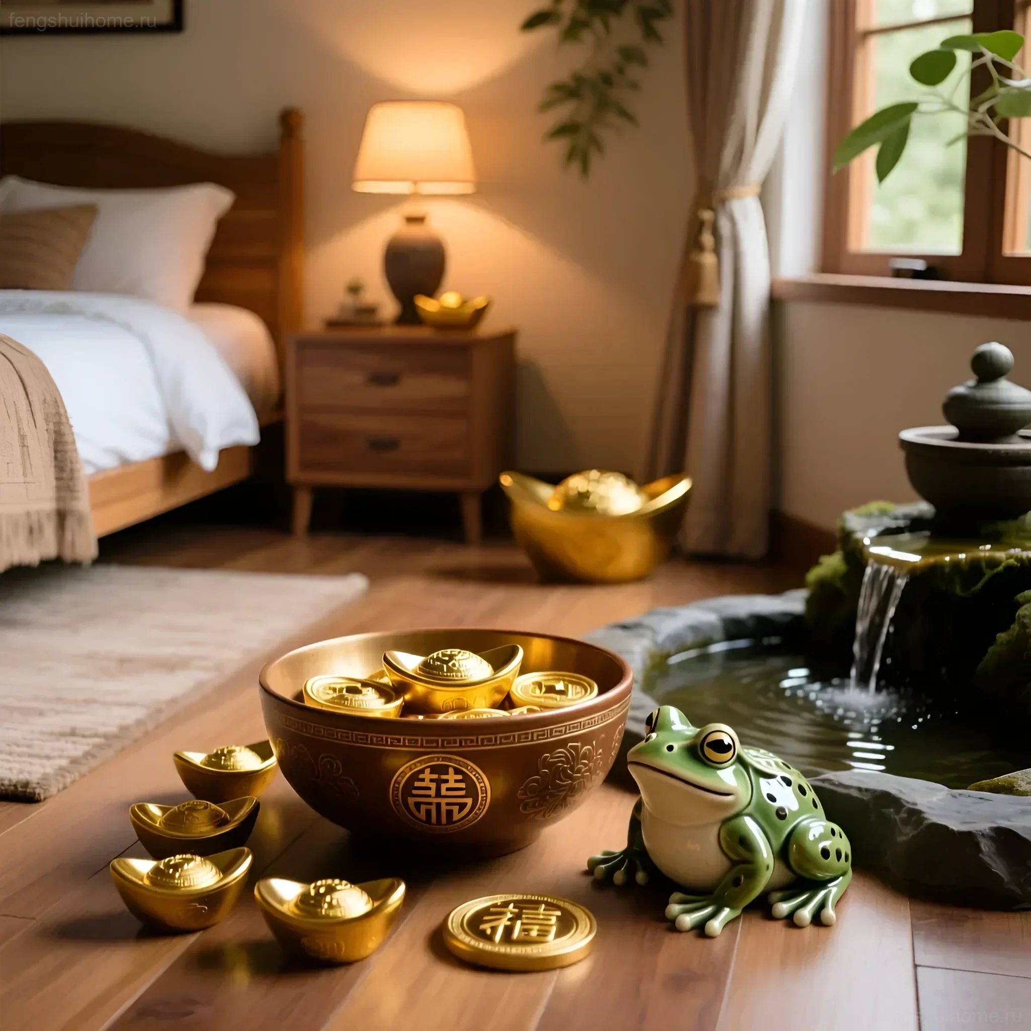 Фэн-шуй: Композиция из золотых слитков, лягушки и чаши благополучия на деревянной поверхности в светлой спальне.