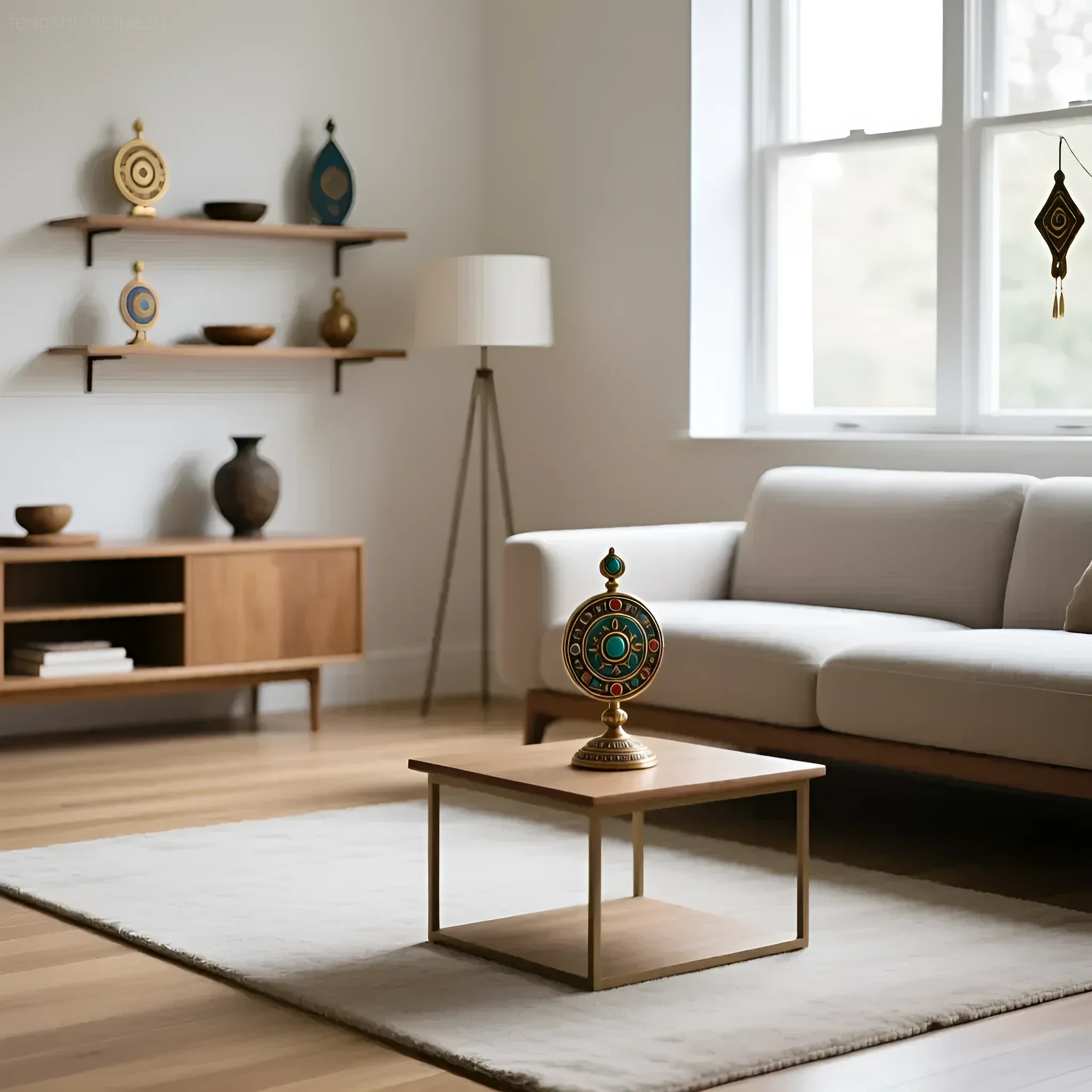 Интерьер гостиной в нейтральных тонах с колесом фортуны на журнальном столике, демонстрирующий правильное размещение талисманов.