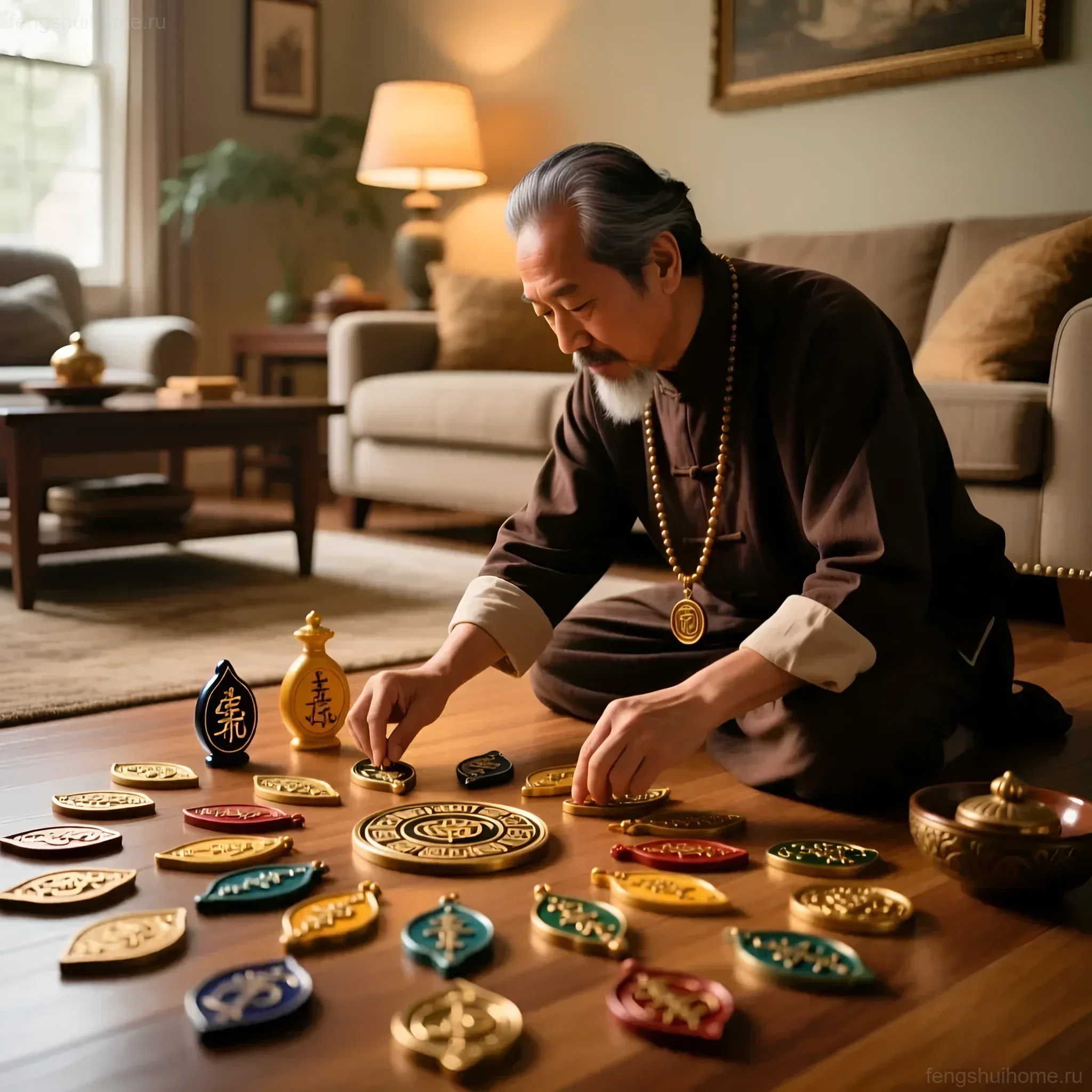 Мастер фэншуй раскладывает талисманы на деревянном полу в светлой гостиной, демонстрируя правильное расположение для гармонизации пространства.