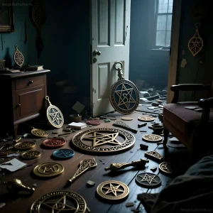 Фото интерьера: беспорядочно разбросанные талисманы фэншуй на темном деревянном полу, создающие ощущение застоя энергии.