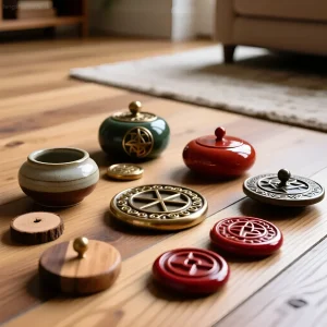 Разнообразие напольных талисманов фэн-шуй: керамические шкатулки, деревянные подставки и металлические диски на фоне светлого деревянного пола.