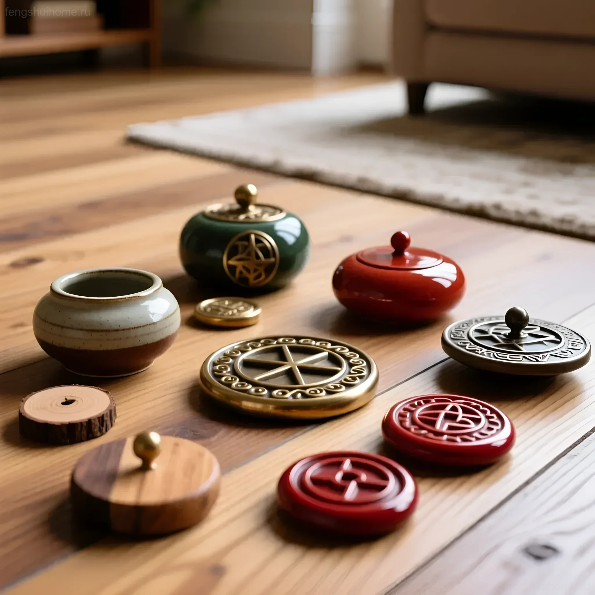 Разнообразие напольных талисманов фэн-шуй: керамические шкатулки, деревянные подставки и металлические диски на фоне светлого деревянного пола.