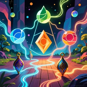 Иллюстрация энергетических потоков вокруг талисманов фэн-шуй, расположенных на полу и в воздухе, символизирующая важность высоты для активации их силы.