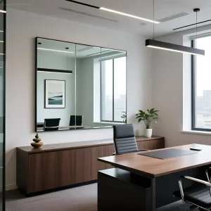 Современный офисный кабинет с большим зеркалом на стене, отражающим рабочий стол и вид из окна. Анализ фэн-шуй.