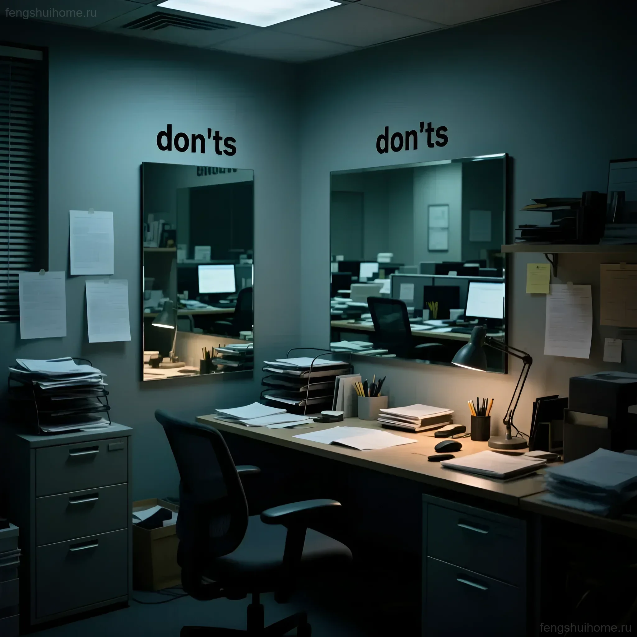Офисное рабочее место с двумя зеркалами, отражающими беспорядок и коллег, демонстрирующее неблагоприятное расположение зеркал с точки зрения фэн-шуй.