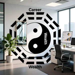 Современный офисный интерьер с зеркалом, расположенным напротив рабочего стола, с наложенной схемой Багуа, акцентирующей зоны богатства и карьеры.