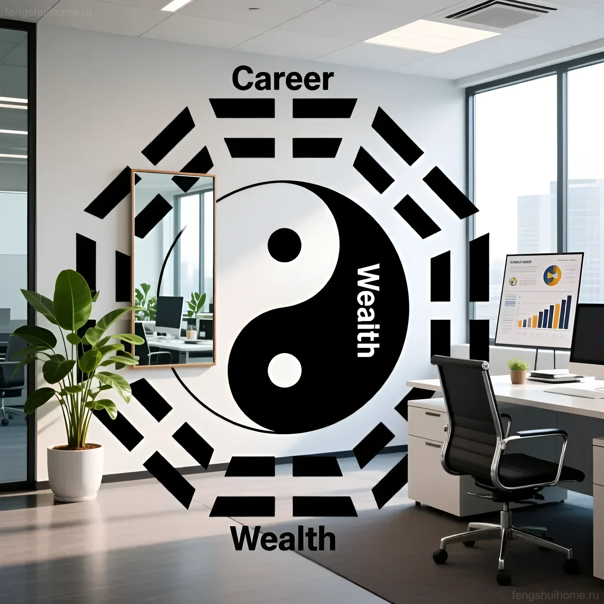 Современный офисный интерьер с зеркалом, расположенным напротив рабочего стола, с наложенной схемой Багуа, акцентирующей зоны богатства и карьеры.