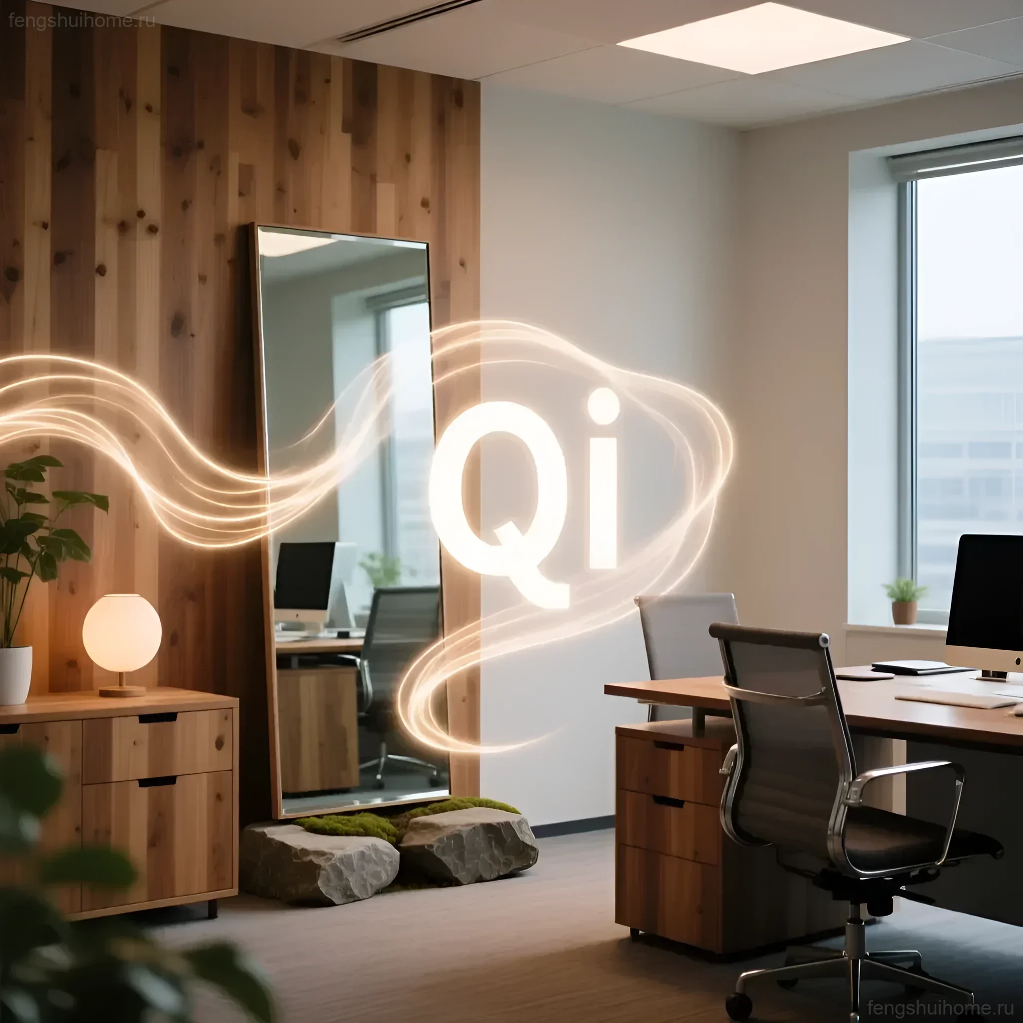Современный офисный интерьер с акцентом на зеркало и потоки энергии Ци, визуализированные светящимися линиями.