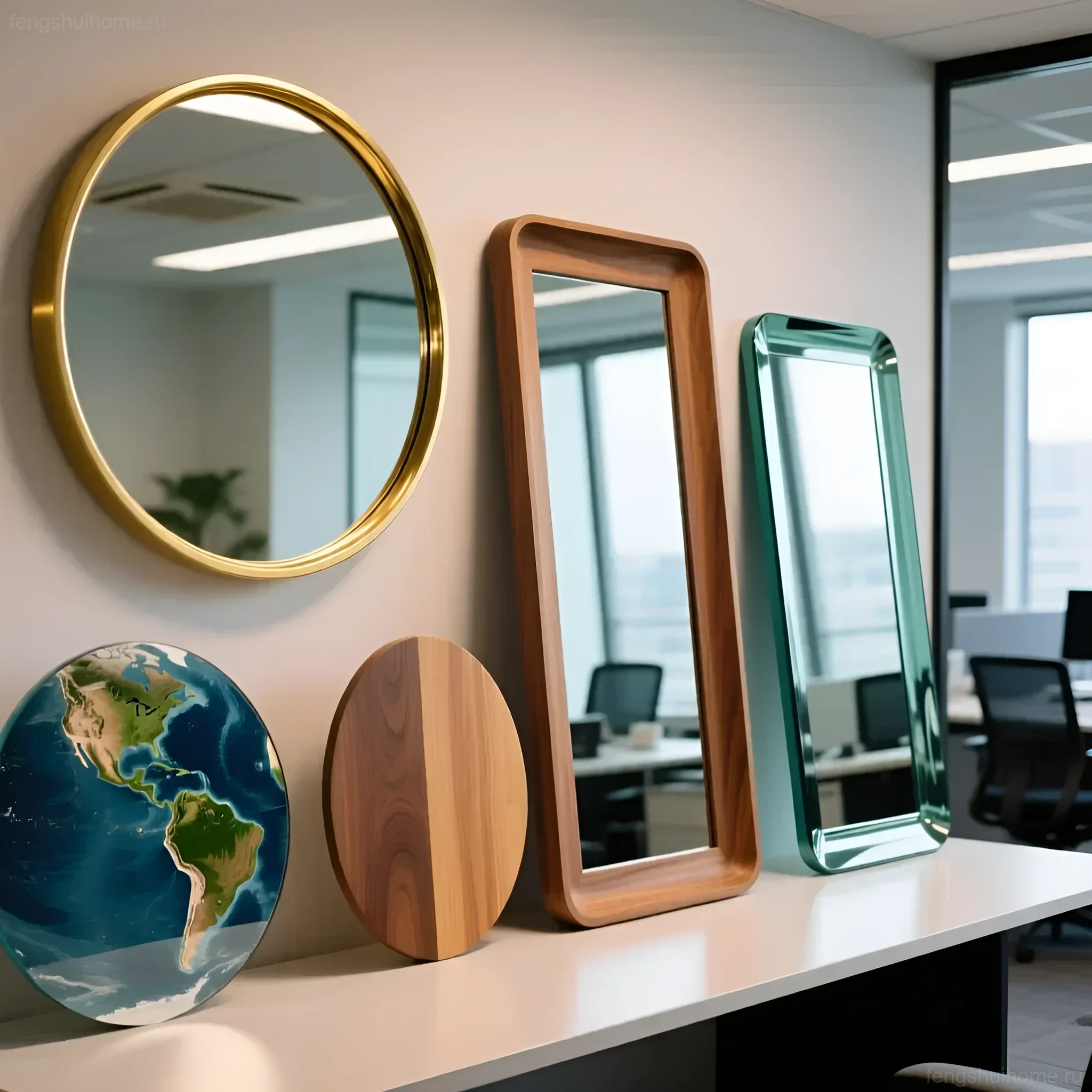 Разнообразие зеркал в офисе: круглое золотое, прямоугольное деревянное и зеленое, глобус на столе, светлый интерьер.