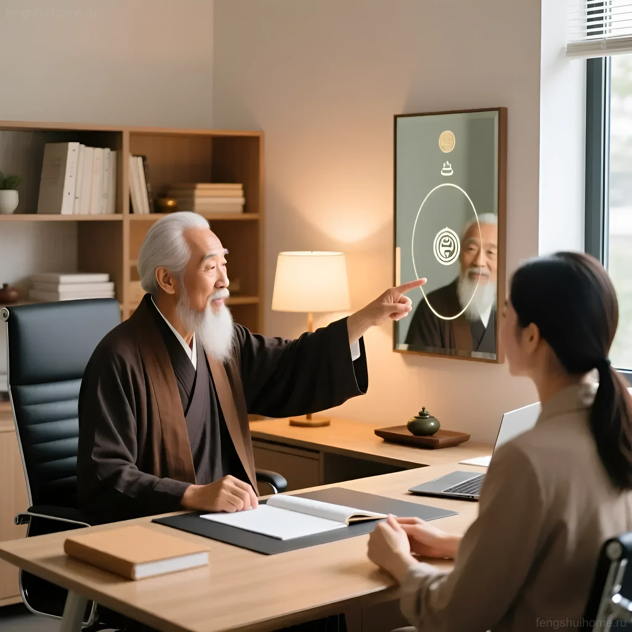 Мастер фэн-шуй объясняет женщине-офисному работнику, как правильно расположить зеркало для привлечения успеха в карьере, демонстрируя на отражении.