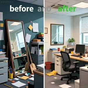 Сравнение беспорядочного офисного пространства с зеркалом, отражающим хаос, и организованного рабочего места с зеркалом, гармонично вписанным в интерьер.