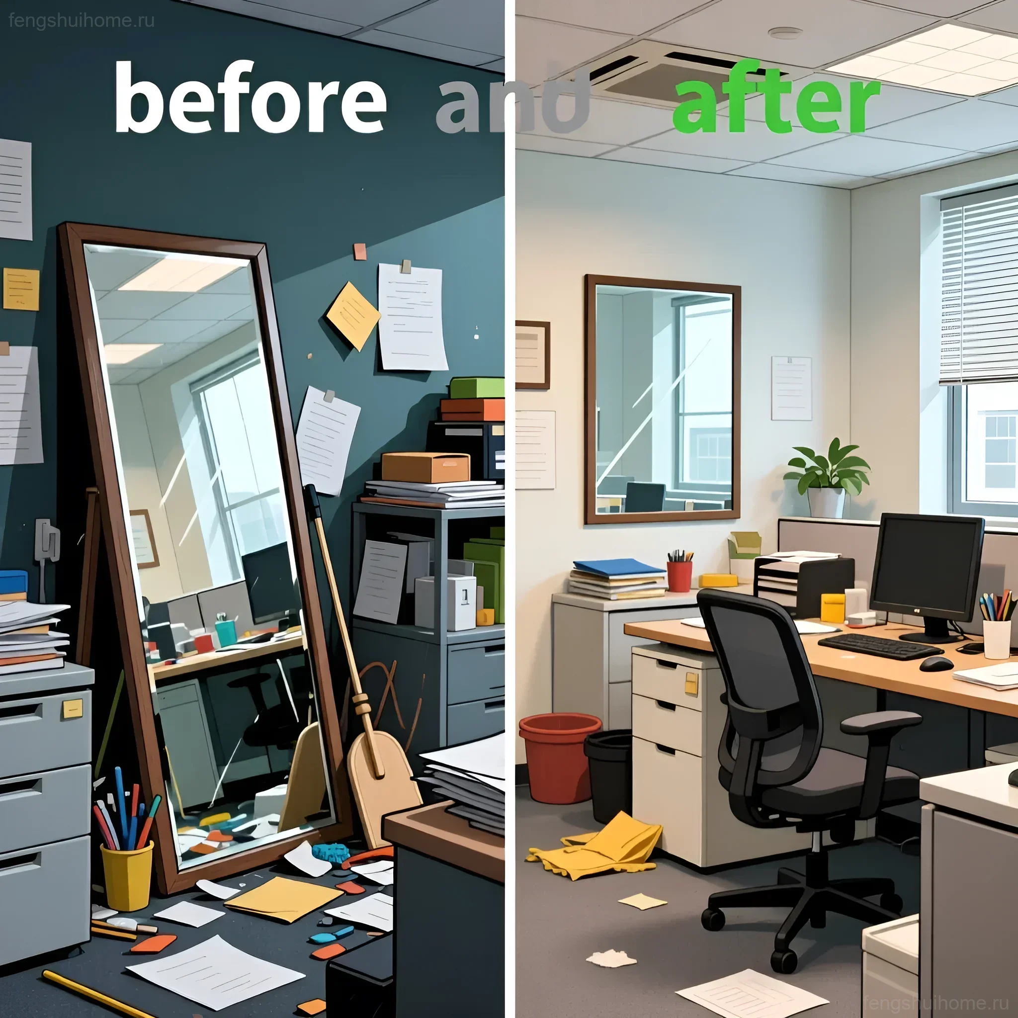 Сравнение беспорядочного офисного пространства с зеркалом, отражающим хаос, и организованного рабочего места с зеркалом, гармонично вписанным в интерьер.