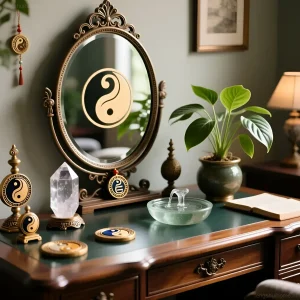 Зеркало в антикварной раме на зеленом столе, окруженное символами Инь и Ян, кристаллами и растением, создающее атмосферу сосредоточенности и успеха.